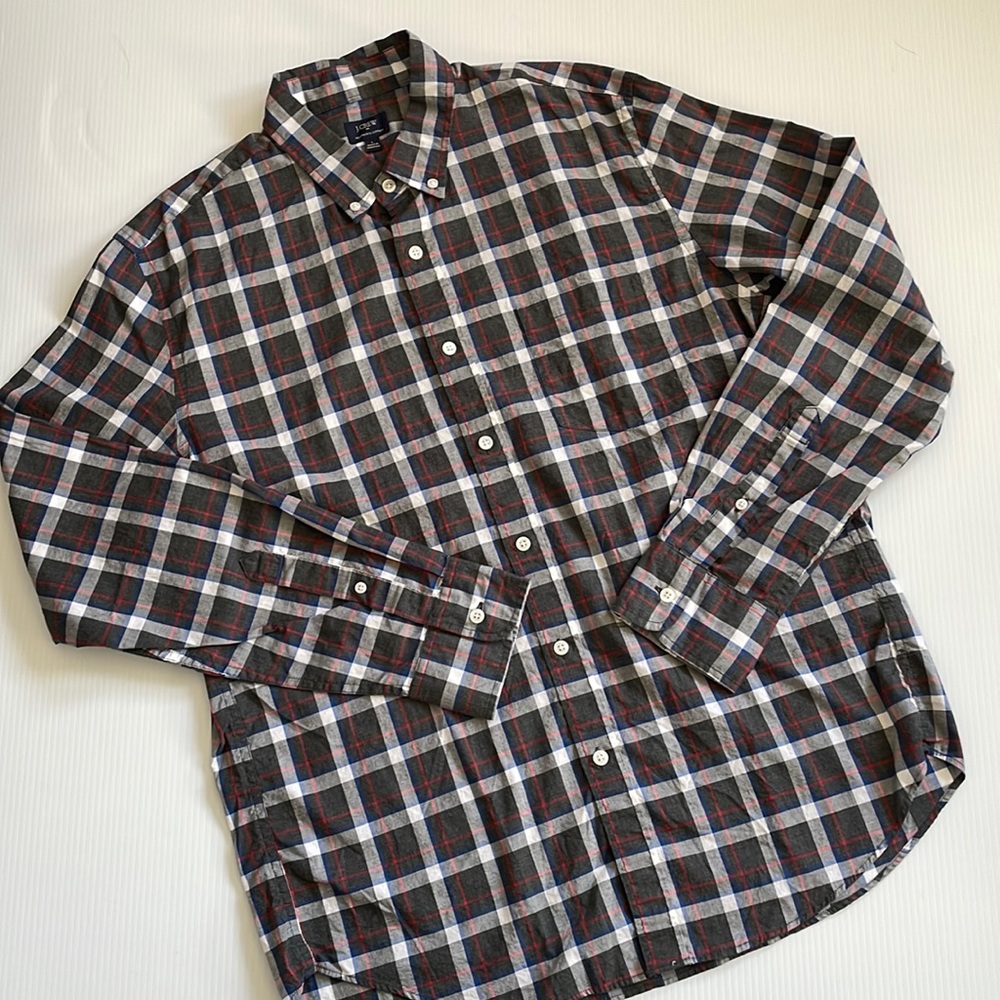 J Crew Factory gray, red, white & blue cotton, long sleeve shirt. Men’s large